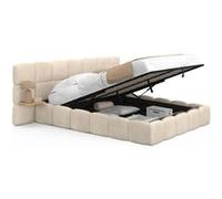 Lit coffre double NUAGE avec tête de lit matelassée + tables de chevet intégrées et sommier velours beige