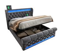 Lit coffre double 140x190 cm velours gris avec LED et USB-C