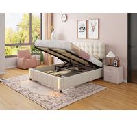 Lit coffre double 140x200, bout de lit avec LED, rangement hydraulique, velours, sommier à lattes, lit adulte capitonné, Beige