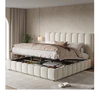 Lit coffre double 160×200 cm avec ouverture hydraulique et tête rembourrée, sans matelas, bou lanc - UVRION