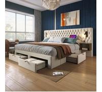 Lit Coffre Double 160 x 200 cm avec Lampe Lecture et USB Lit avec 2 Tables et 4 Tiroirs lit avec Sommier à Lattes, Velours Beige