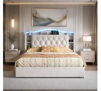 Lit Coffre Double 160x190cm avec Éclairage LED et USB,Lit 160x190 avec Sommier à Lattes LIt Hydraulique avec Étagères Ouvertes et Rangement Caché,lit rembourré Cadre de lits 2 places(Beige-2, 160x190)