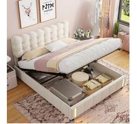 Lit coffre double 160x200 cm - bande lumineuse LED en bout de lit - lit 2 Personnes- tissu velours - sommier à lattes - Beige
