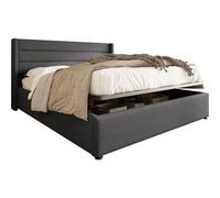 Lit coffre double 160x200cm-avec structure métal, sommier à lattes, lit capitonné adulte en lin - Gris