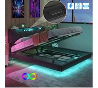 Lit coffre double 160x200cm en PU pour 2 personnes, avec LED et USB, Grand espace de rangement hydraulique, Tête de lit réglable