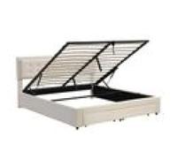 Lit coffre double 180x200cm en velours avec grand tiroir, décor avec boutons, sommier à lattes inclus, style scandinave, beige