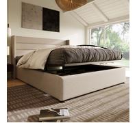 Lit coffre double adulte 160x200 cm Lit capitonné en lin Sommier à lattes Lit coffre hydraulique en beige Coffre de rangement
