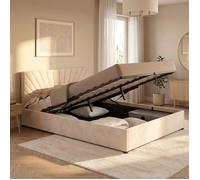 IDMarket - Lit Coffre Double avec tête de lit et sommier Velours Beige | Lit coffre double avec tête de lit et sommier velours beige