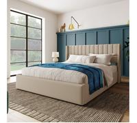 Lit coffre double beige 140×200 cm, sommier inclus, tête de lit rembourrée, structure solide, montage nécessaire