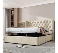 Lit coffre double beige 160×200 cm, sommier à lattes inclus, tête de lit 99 cm, structure solide, montage nécessaire