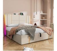Lit coffre double beige 180×200 cm, sommier inclus, LED RGB + ports USB/Type-C, structure solide