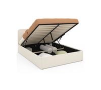IDMarket Lit coffre double Bradford 140 x 190 cm avec tête de lit et sommier tissu bouclette Blanc