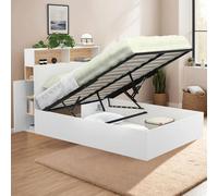 Lit coffre double CLYDE avec tête de lit + rangements et sommier 140 x 190 cm blanc et façon hêtre