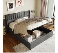 Lit coffre double gris 160×200 cm, sommier à lattes inclus, tête de lit rembourrée, structure solide