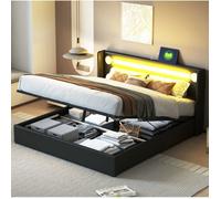 Lit coffre double noir 160×200 cm, sommier inclus, LED Bluetooth et USB, structure solide, sans matelas