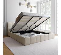 IDMarket Lit coffre double NUAGE – tête de lit matelassée, sommier 180 x 200 cm bouclette blanc