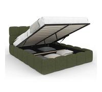 IDMarket - Lit coffre double Nuage, tête matelassée, sommier 140 x 190 cm, tissu bouclette vert kaki