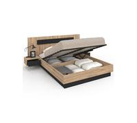 IDMarket Lit coffre Santa – tête de lit et tables de chevet intégrées, sommier 140x190cm bois/noir