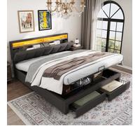 Lit coffre - DREAMMESPACE - 180x200cm - Lin - Acier - 2 tiroirs - Tête de lit escamotable