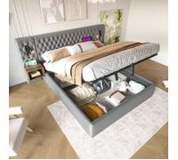 Lit coffre en velours 160x200 cm - 2 chevets + 2 liseuses avec prise USB - Gris (matelas non inclus)