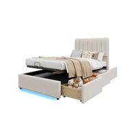 Lit coffre enfant velours beige capitonné 90x200 vérin hydraulique LED 3 tiroirs grand rangement sans matelas