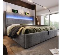 Lit coffre hydraulique 160×200cm Lit double rembourré en Lin avec éclairage LED rangement ports USB et sommier à lattes - gris