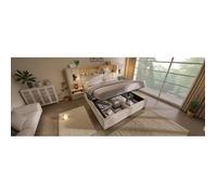 Lit coffre hydraulique 160x200 beige avec 2 tables de chevet, 2 liseuses, USB Type-C, sommier inclus