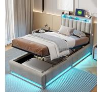 Lit Coffre Hydraulique 90x200, Lit Double Rembourré Avec LED Et USB, étagère Ouverte, Rangement Caché, Sommier à Lattes Et Tête De Lit Capitonné Pour Adultes Et Adolescent, Velours (Gris, 90x200)