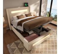 Lit coffre hydraulique, rembourré, lit simple, 90 x 200 cm, avec LED, espace de rangement et recharge USB Type-C, cadre de lit en métal avec lattes en bois, beige, lin, avec matelas
