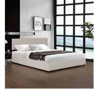 Corium Lit Coffre Rembourré avec Sommier à Lattes Rabattable Tête de Lit Capitonné Coffre Velours Côtelé Polyester Confortable Capacité de Charge 300 kg Bois Métal 140 x 200 cm Beige