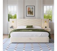 Lit Coffre King Modenvie avec rangement hydraulique et tables de chevet Beige White