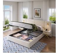 Lit coffre king size 266 x 205 x 117 cm en velours beige blanc avec 2 chevets suspendus, 2 lampes LED et lattes