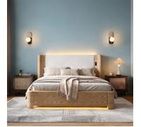 Lit coffre king size en velours lin beige avec vérins hydrauliques et éclairage LED 7 couleurs, 213.5 x 193.5 cm