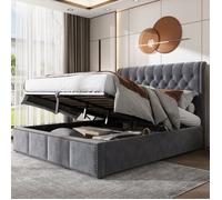 Lit coffre - LANGTU - 140 x 200 cm Velours gris - Sommier à lattes - Tête capitonnée - Rangement 300 kg