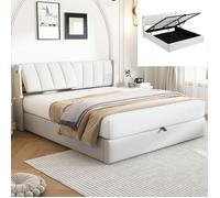 Lit coffre - LANGTU - 140x190 cm - Tête de lit 3 positions - LED 4W télécommande - Port USB Type-C