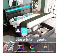 Lit coffre - LANGTU - 140x200 cm - Tête de lit LED - Tissu PU gris - Sommier inclus