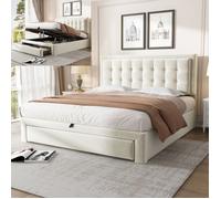 Lit coffre - LANGTU - 140x200 cm - Velours beige - Sommier à lattes inclus - Tête de lit réglable