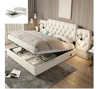 Lit coffre - LANGTU - 160x200 - Velours beige - Système hydraulique - Ports USB & lampes lecture