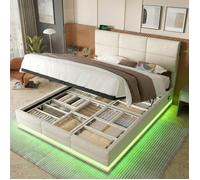 Lit coffre - LANGTU - 160x200 - Velours beige - Tête de lit réglable 3 niveaux - Coffre hydraulique XXL, LED & USB-C