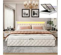 Lit coffre - LANGTU - 180x200 - PU blanc - Sommier à lattes - LED intégrée