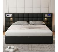 Lit coffre - LANGTU - 180x200 - PU noir capitonné - Port USB & charge sans fil - LED intégrée