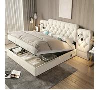Lit coffre - LANGTU - 180x200 - Velours beige - Tête de lit capitonnée allongée - Ports USB & lampes - Rangement hydraulique