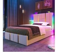 Lit coffre - LANGTU - 90x200 - Lin beige - LED RGB - Ports USB & Type-C