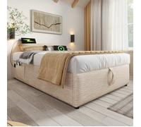 Lit coffre - LANGTU - AB20843233N - 90x190 cm - tissu lin beige - stockage hydraulique silencieux