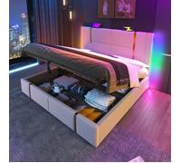 Lit coffre - LANGTU - Capitonné en lin 160x200 - LED RVB 16 couleurs - Ports USB & Type-C - Sommier à lattes