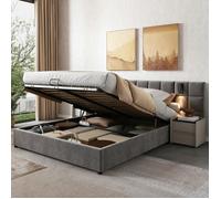 Lit coffre - LANGTU - Lit adulte 180x200 cm - Velours gris - Sommier inclus - Port USB & liseuse