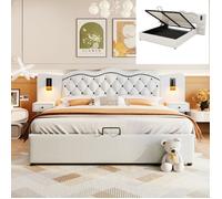 Lit coffre - LANGTU - Lit capitonné - 180x200 cm - Tissu imitation lin beige - Tête de lit LED, USB, coffre hydraulique