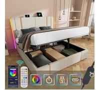 Lit coffre - LANGTU - Lit coffre 180 x 200 cm avec port USB Type-C - tissu lin beige - LED RVB 16 couleurs - sommier à lattes