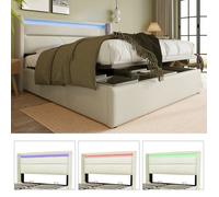 Lit coffre - LANGTU - Lit coffre double 160x200 cm - Blanc - PU - LED intégrée