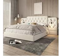 Lit coffre - LANGTU - Velours Beige 180x200 - Tête de lit XXL capitonnée - Sommier hydraulique - Liseuses & USB
